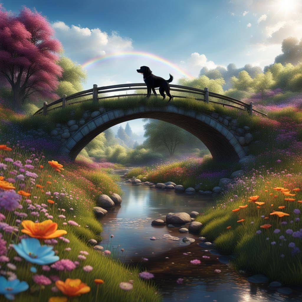 Rainbow Bridge Over Flowery Meadow, Fantasy Art
