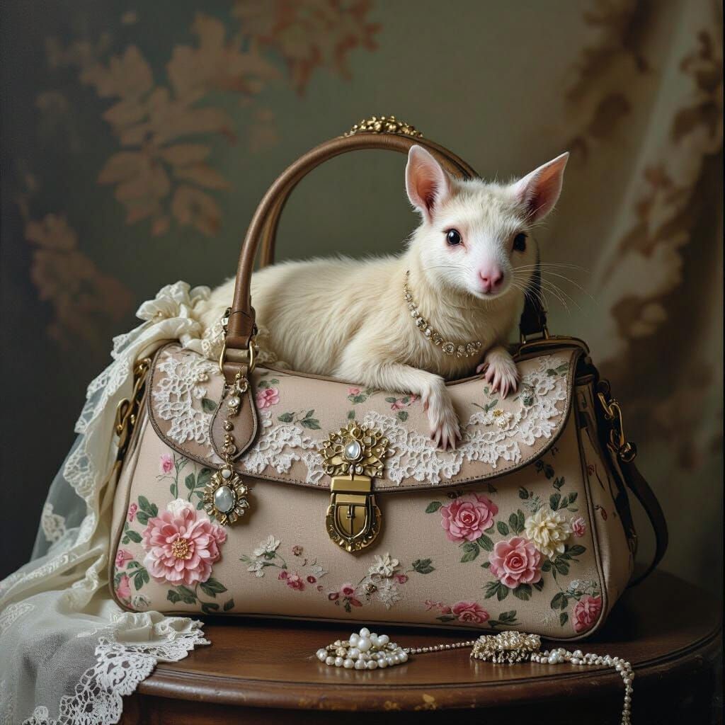 Taxidermied Kinny in Handbag, Surreal Still Life