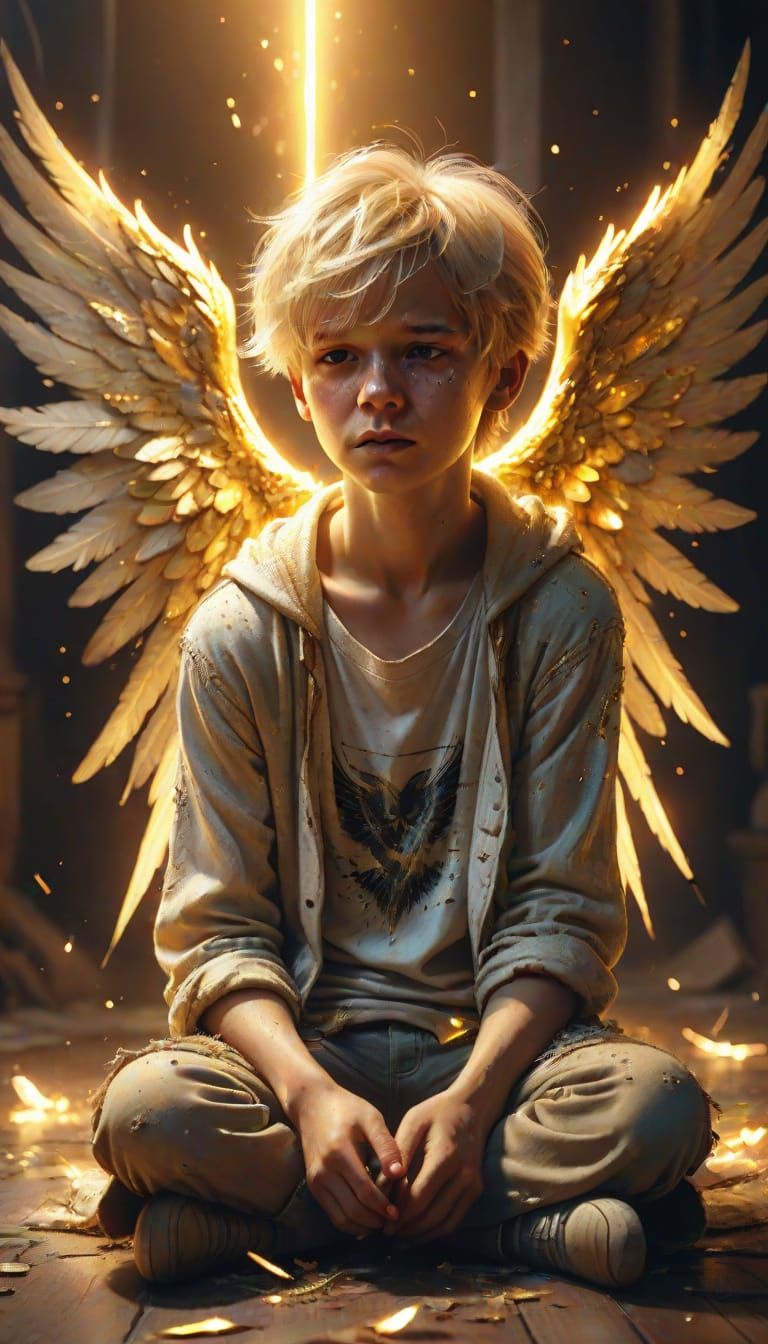 Crying Boy with Golden Wings: Digital Art