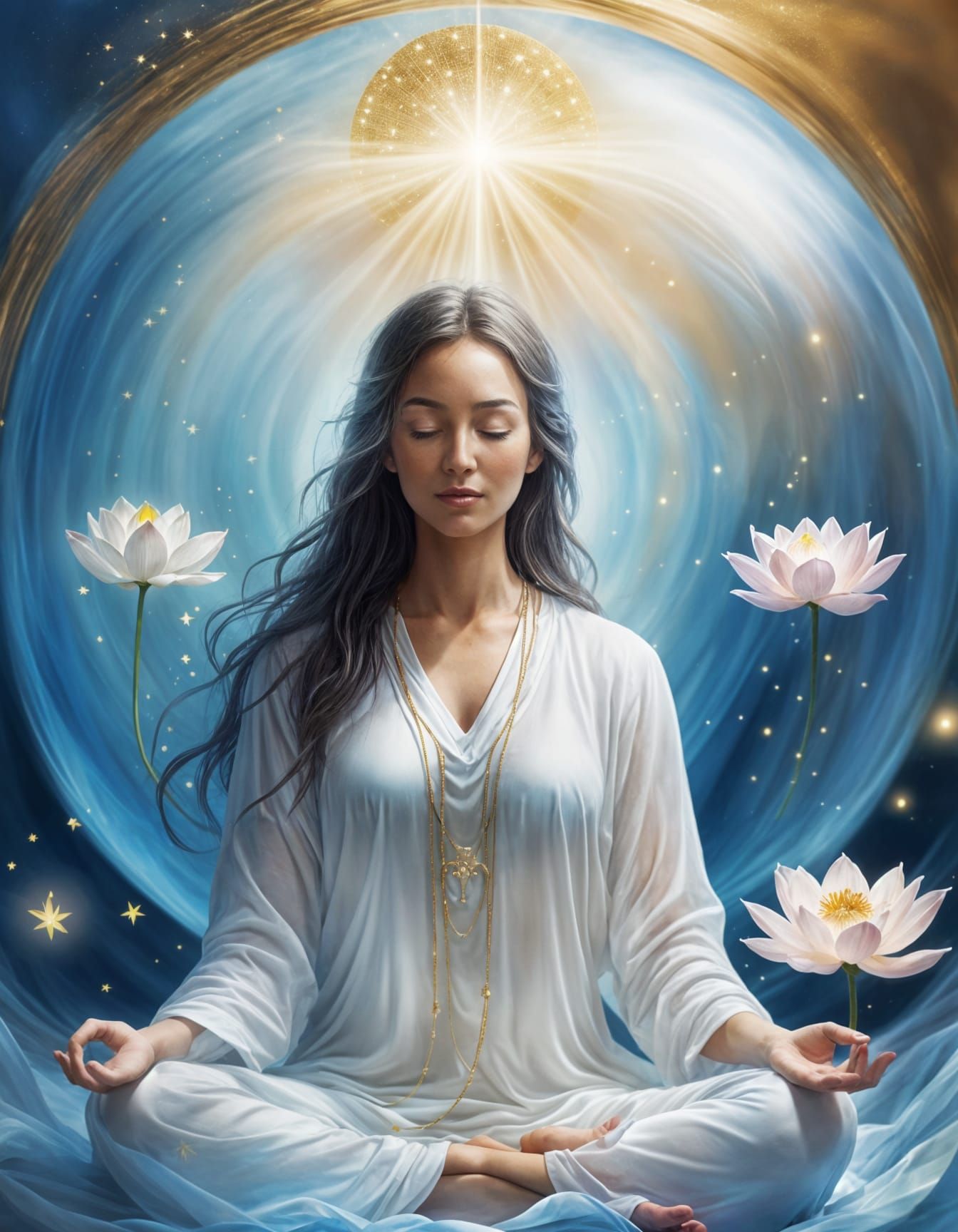 Ethereal Meditation Scene: Woman in Blue Light Sphere