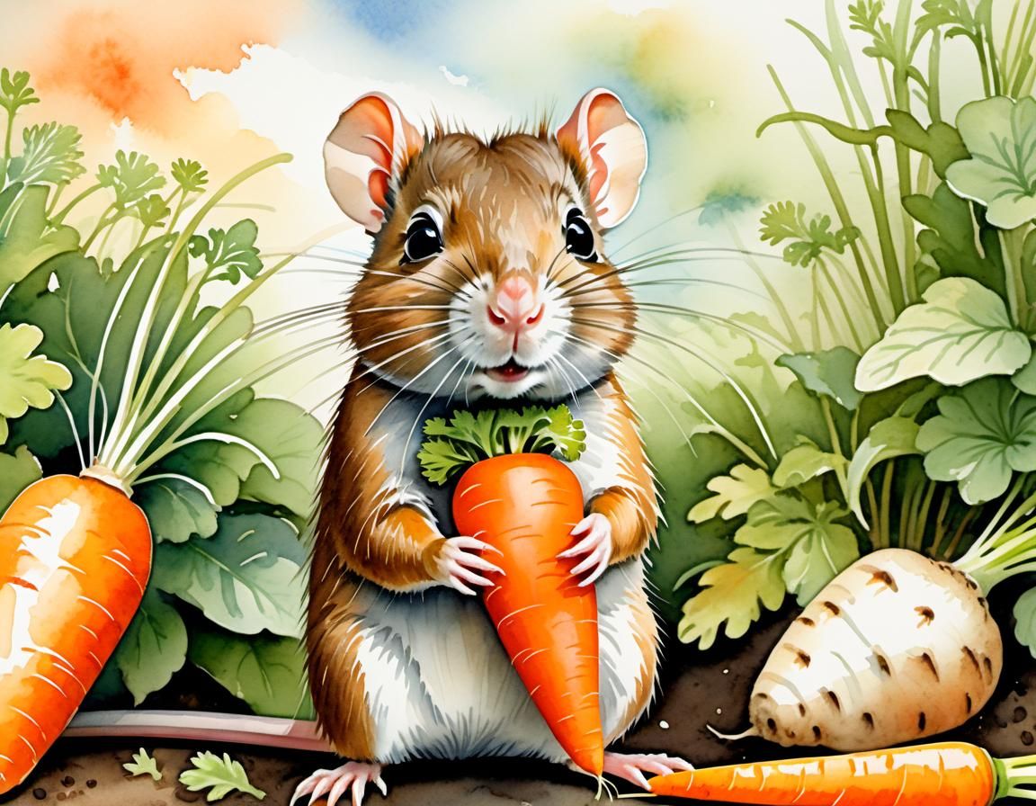 Adorable Rat Nibbling Carrot in Watercolor Garden