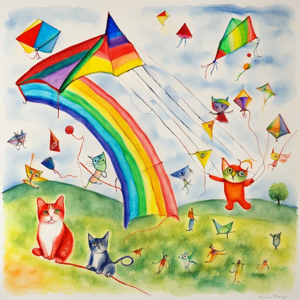 Anthropomorphic Cats Flying Kites in Surreal Crayon Art