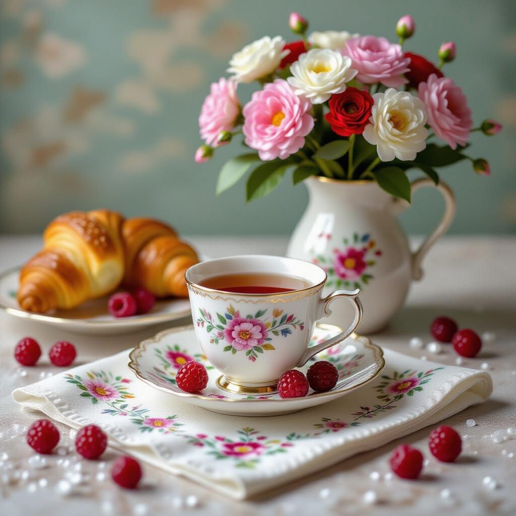 Colorful Bead Mosaic: Tea, Croissants, and Eustoma Bouquet