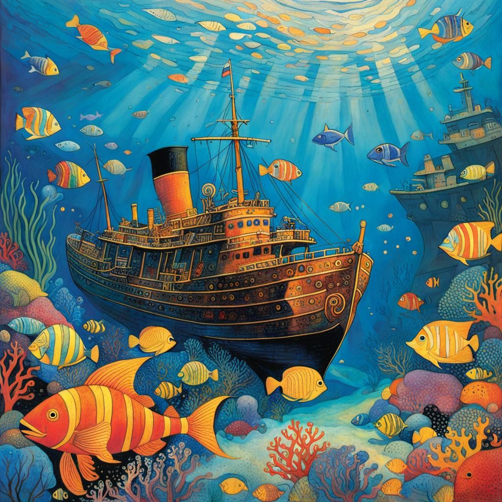 Colorful Underwater Shipwreck: Art Nouveau Style