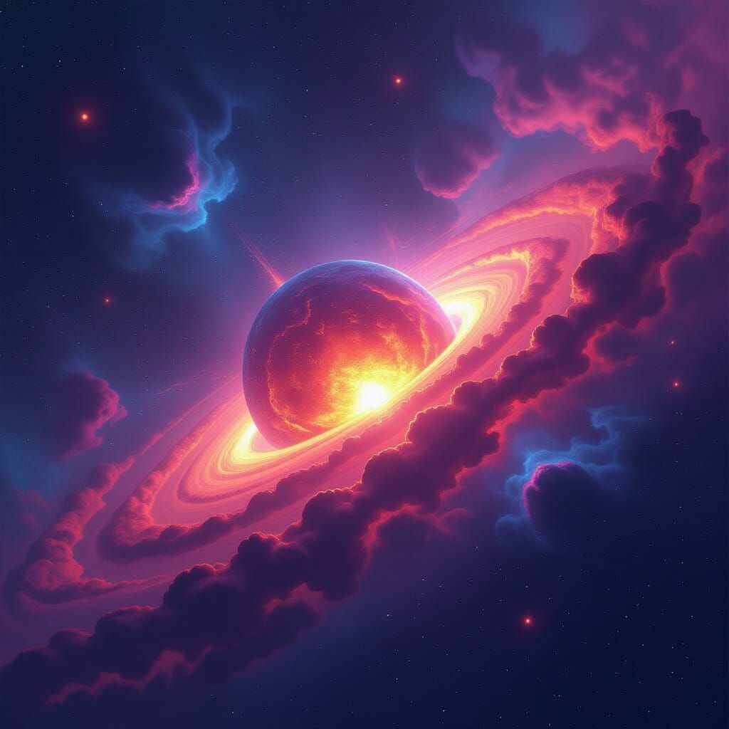 Glitching Dying Star in Galaxy with Neon Celestial Elements