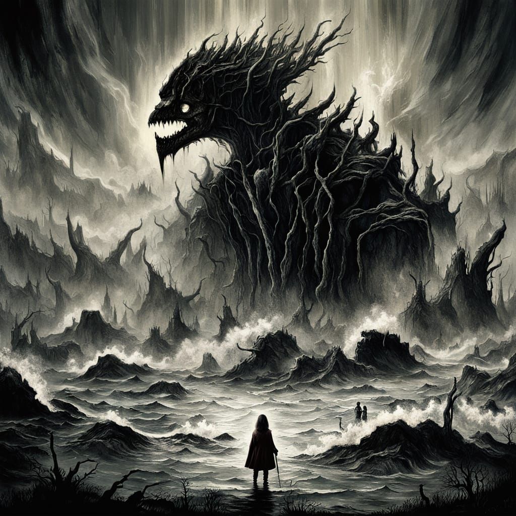 Tiny Human Confronts Colossal Monster in Dark Fantasy Realm