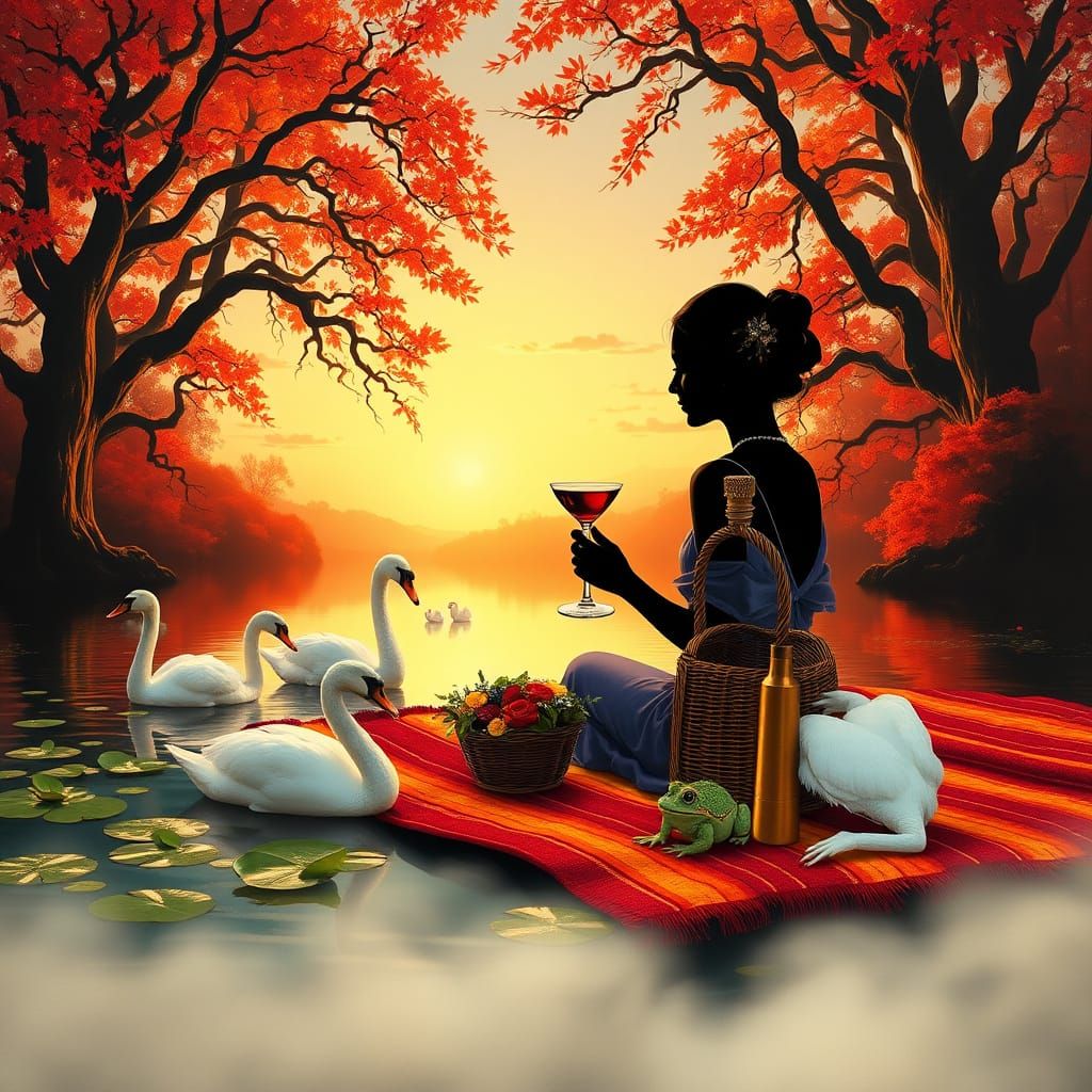 In the foreground, a serene lake scene at sunset, majestic s...