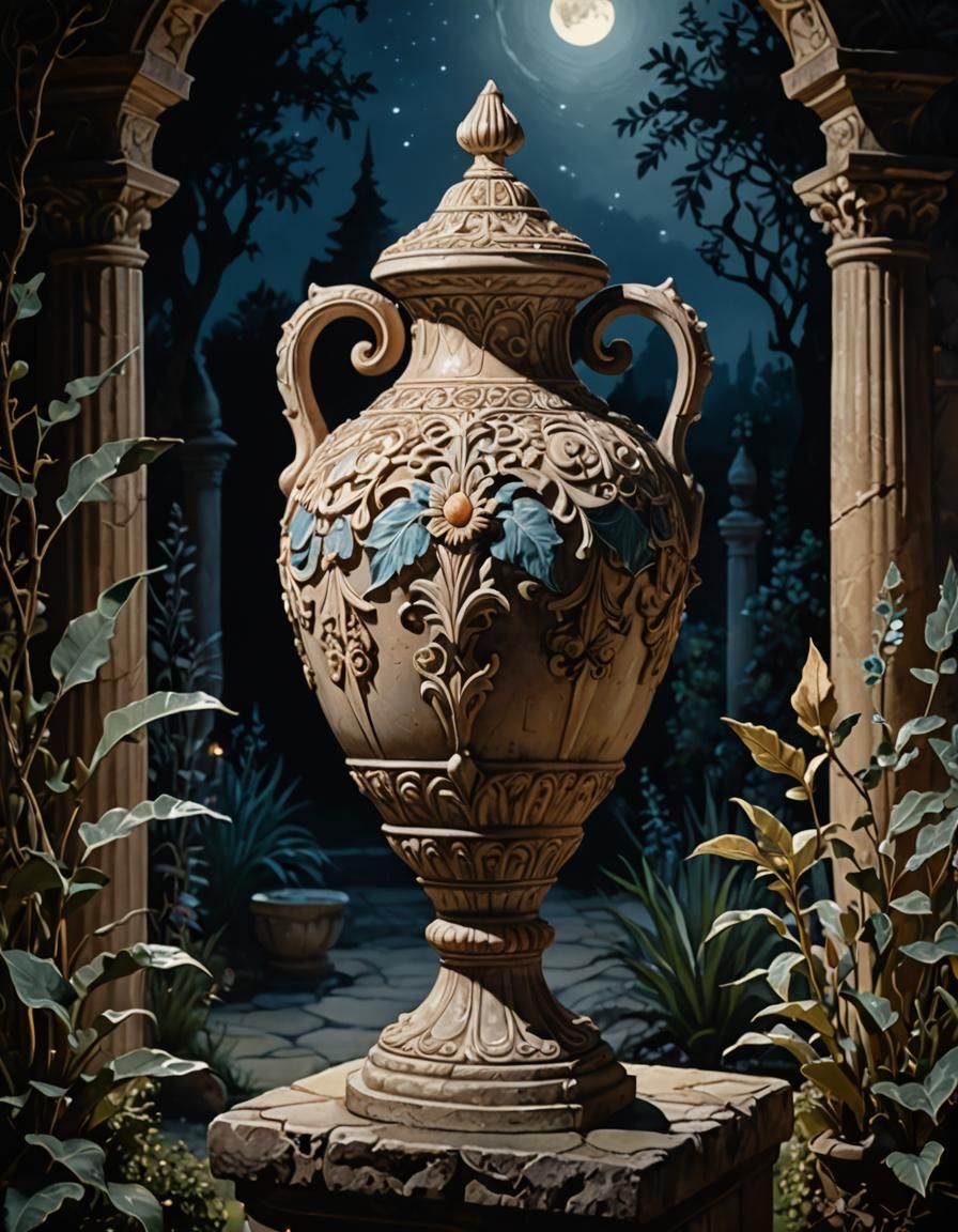 Ornate Amphora in Moonlit Garden as Detailed Gouache