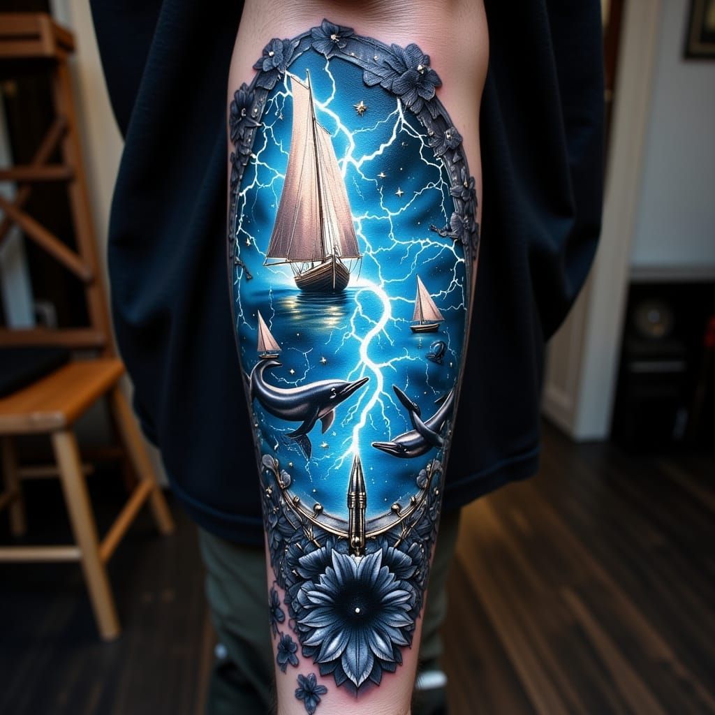 Vibrant Dreamlike Forearm Tattoo with Flashing Lightning