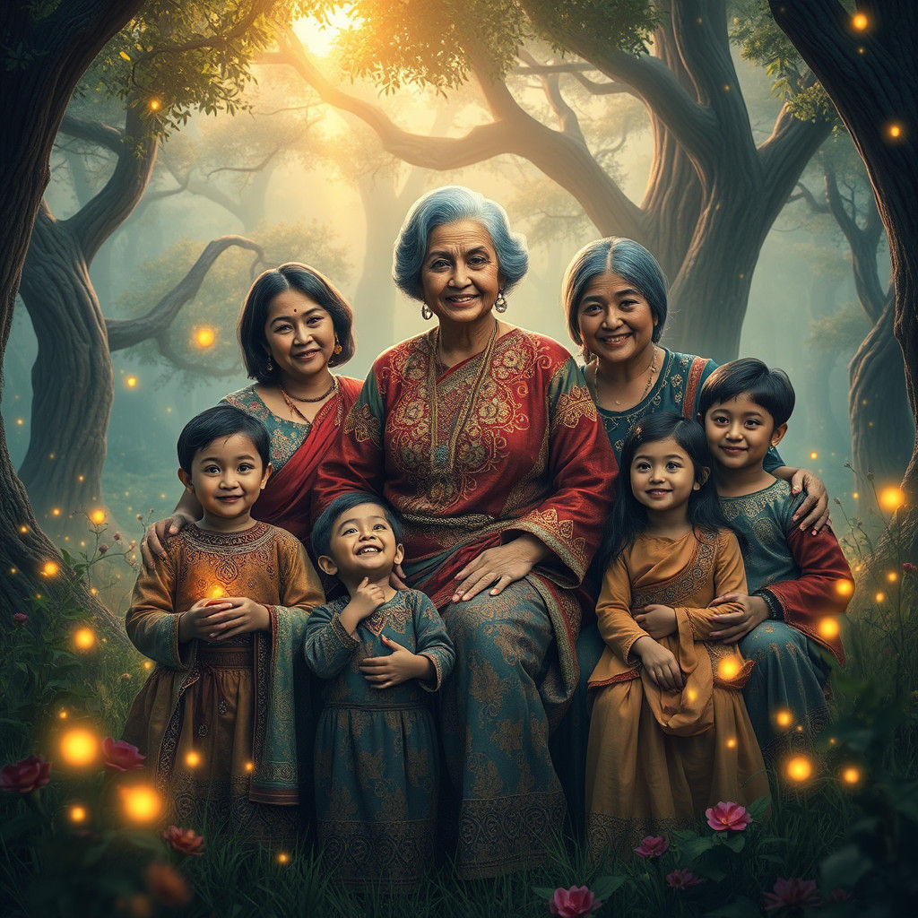 Family Gathering in Whimsical Landscape, Hyper-Realistic Ren...