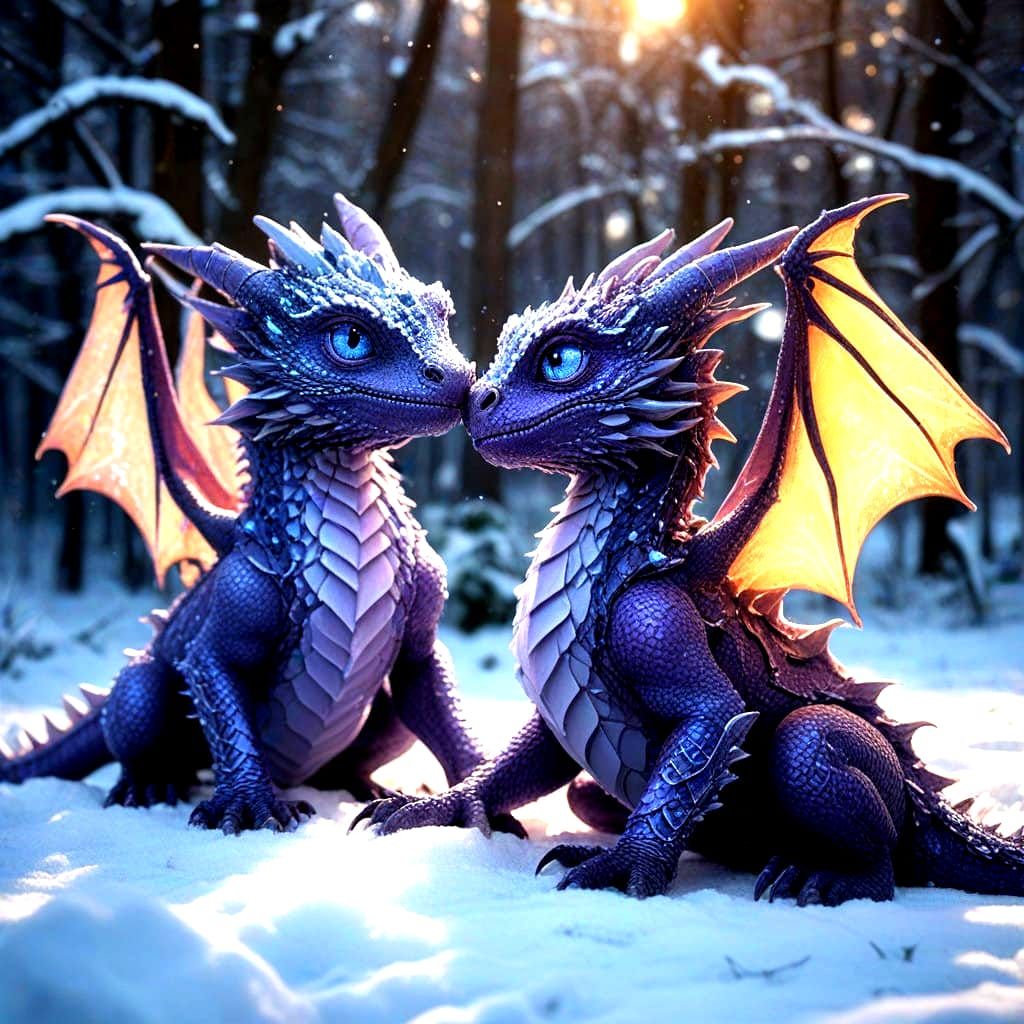 Baby Dragons Play in Snowy Wonderland with Sparkling Fire