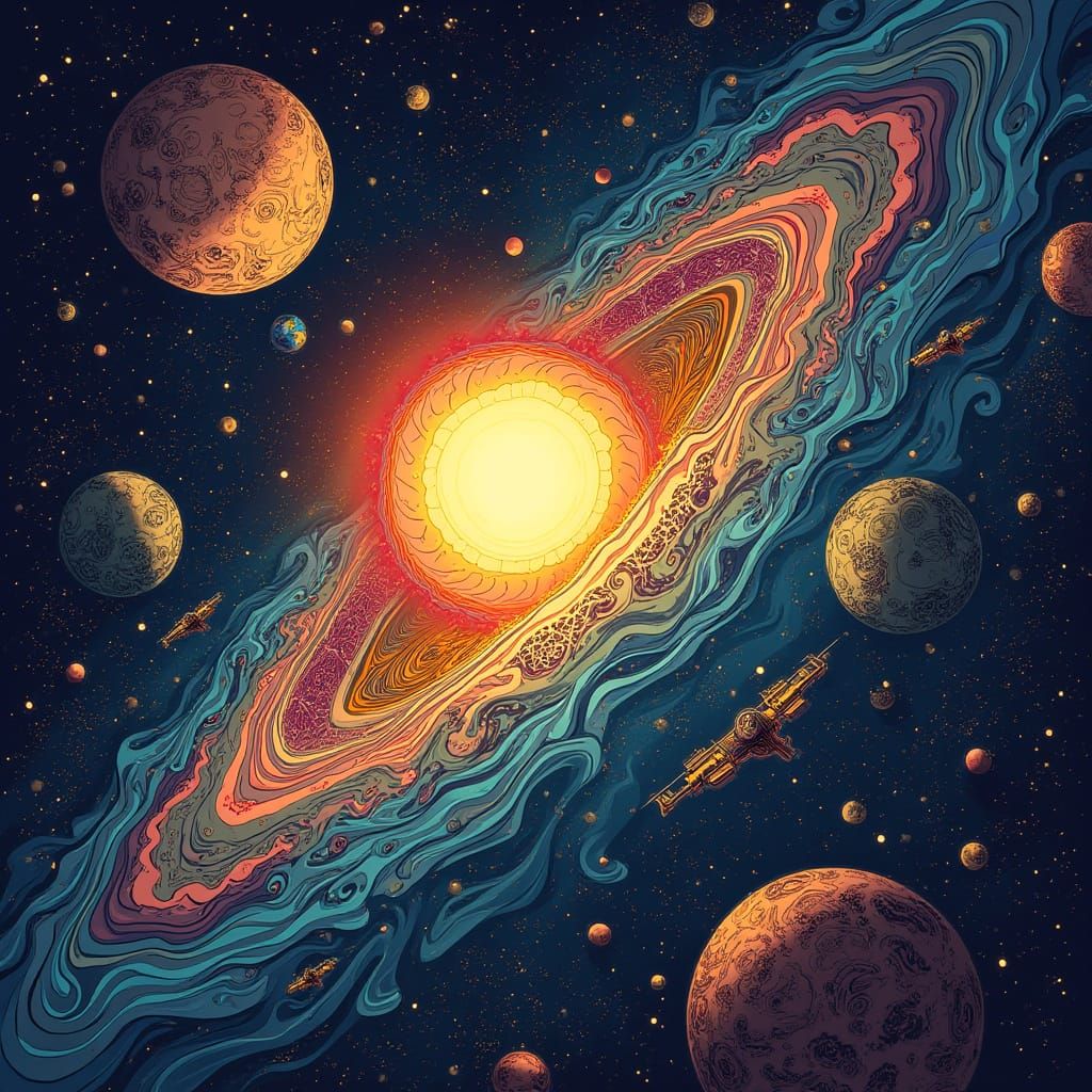 Vibrant Solar System with Spaceships in Abstract Fractal Sty...