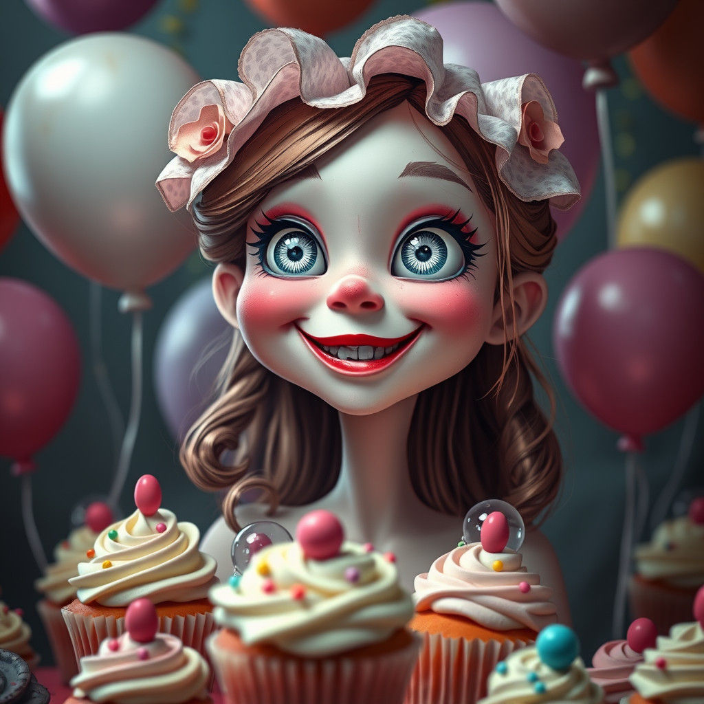 Whimsical Girl with Cupcakes in Dark Fantasy Style