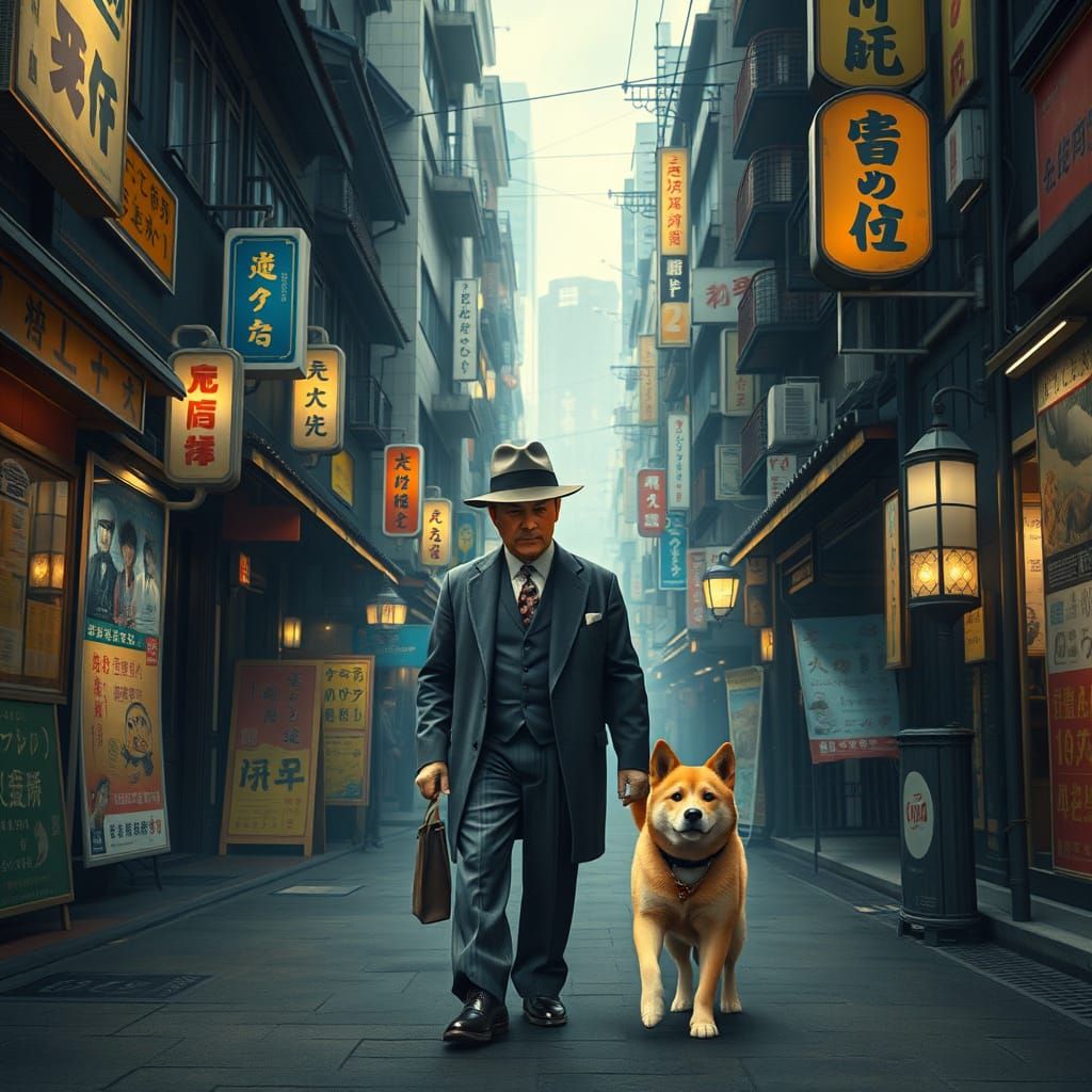 Professor and Hachiko on a 1920s Tokyo Street