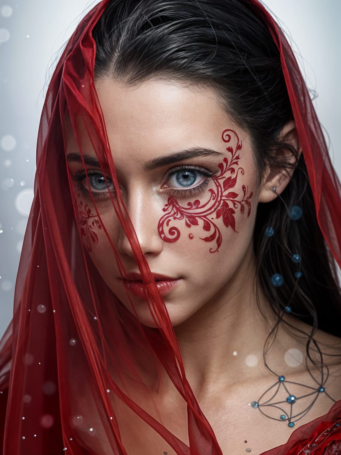 Close-Up Portrait of a Woman in a Red Veil