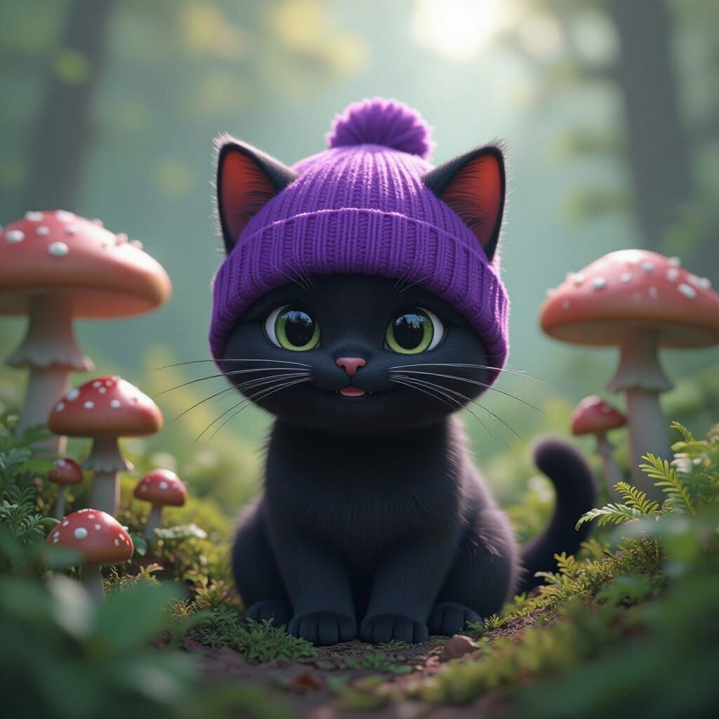 Cat in Beanie Surrounded by Giant Mushrooms