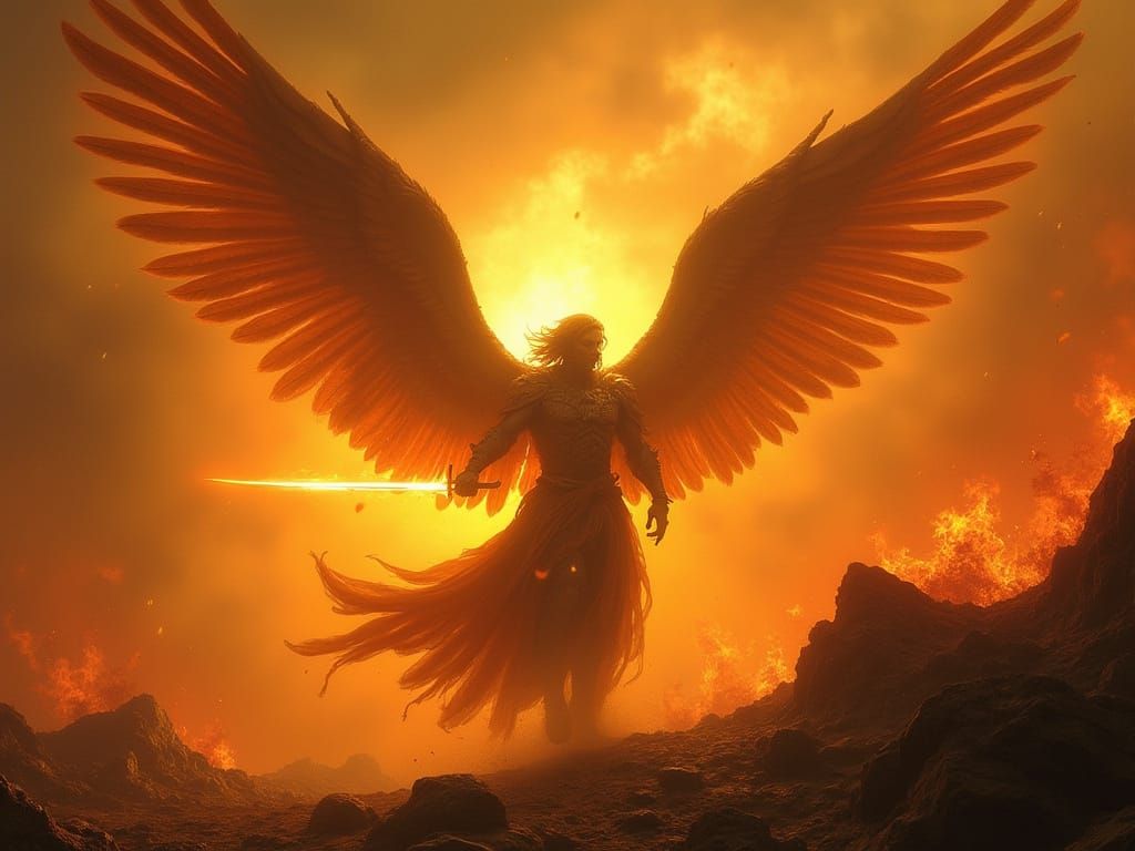 Archangel's Fiery Battle in Gothic Hellscape