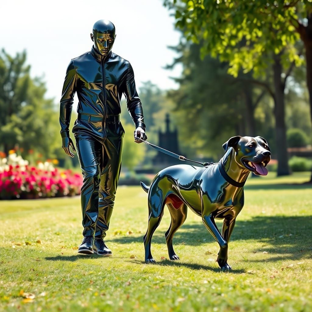 Chrome Man and Dog Stroll Through Futuristic Park