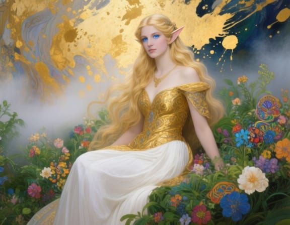 Mythical Elven Goddess in Golden Dress Amidst Lush Flora