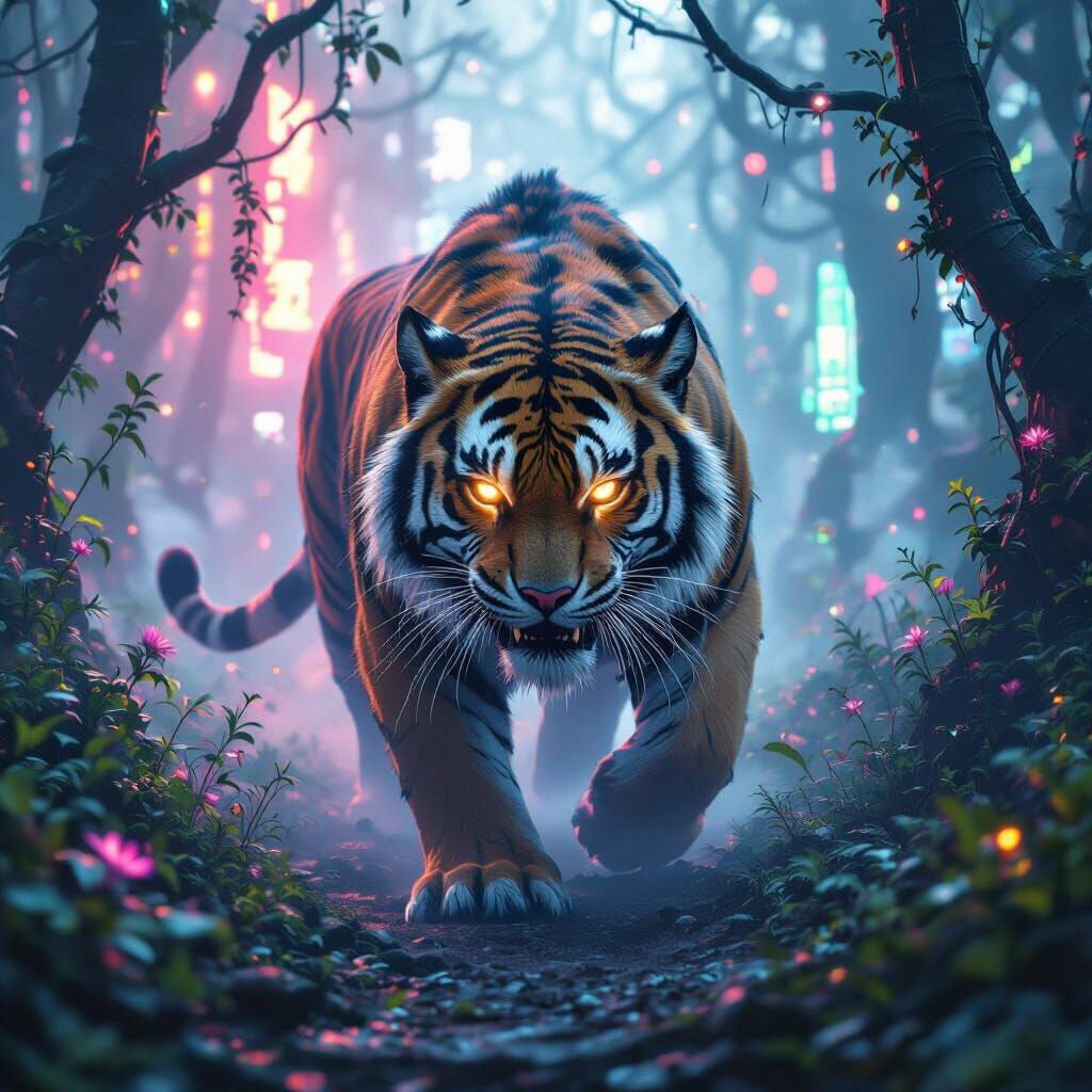 Cyberpunk Saber-Tooth Tiger in Neon Forest