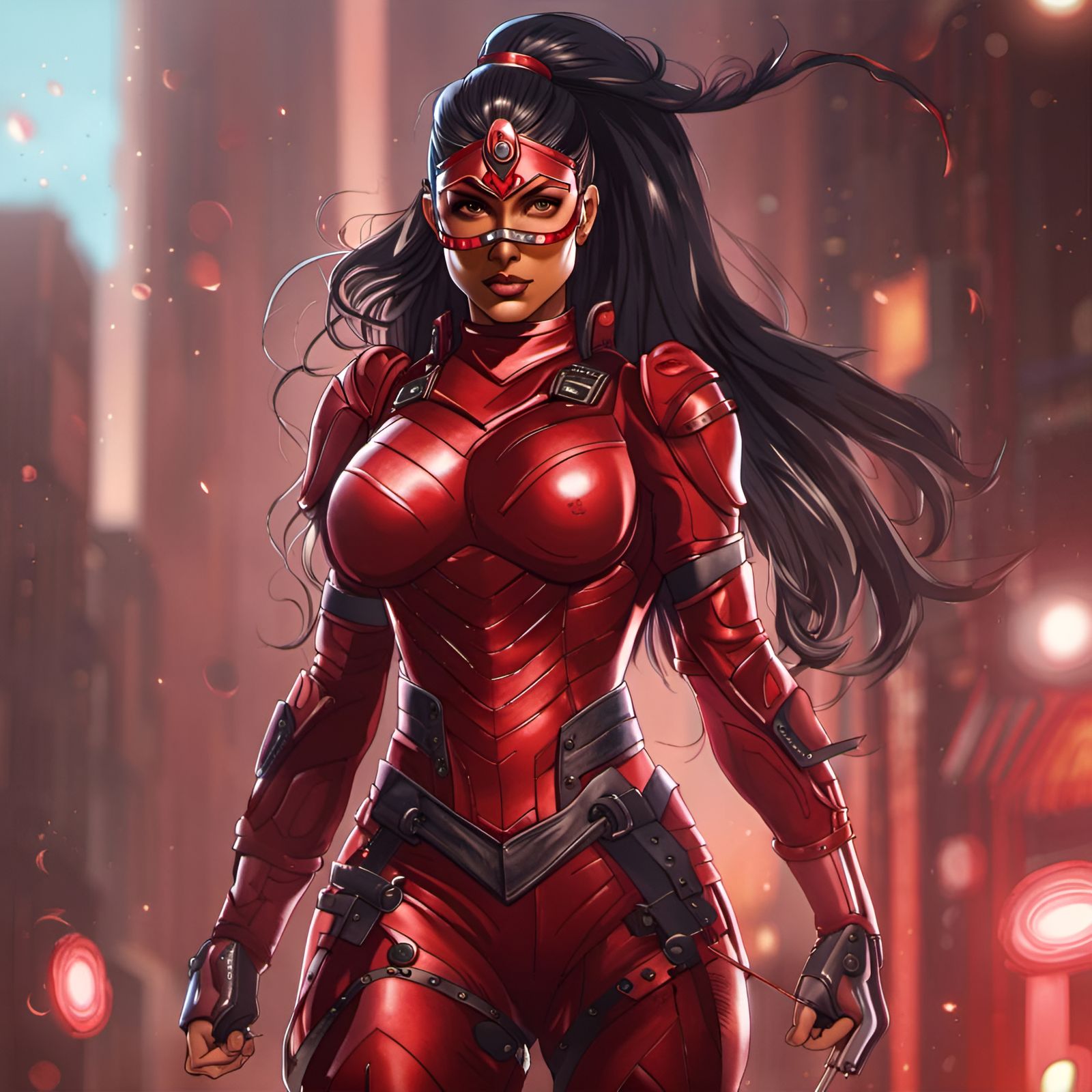 Hyperdetailed Indian Superhero in Red Armor at Night