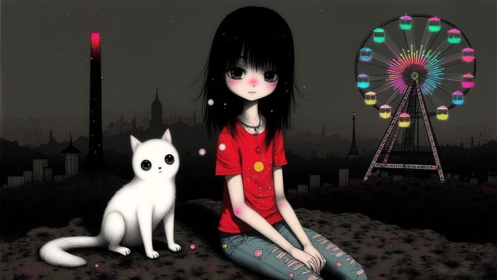 Mysterious Woman Amidst Whimsical Dreamlike Landscape