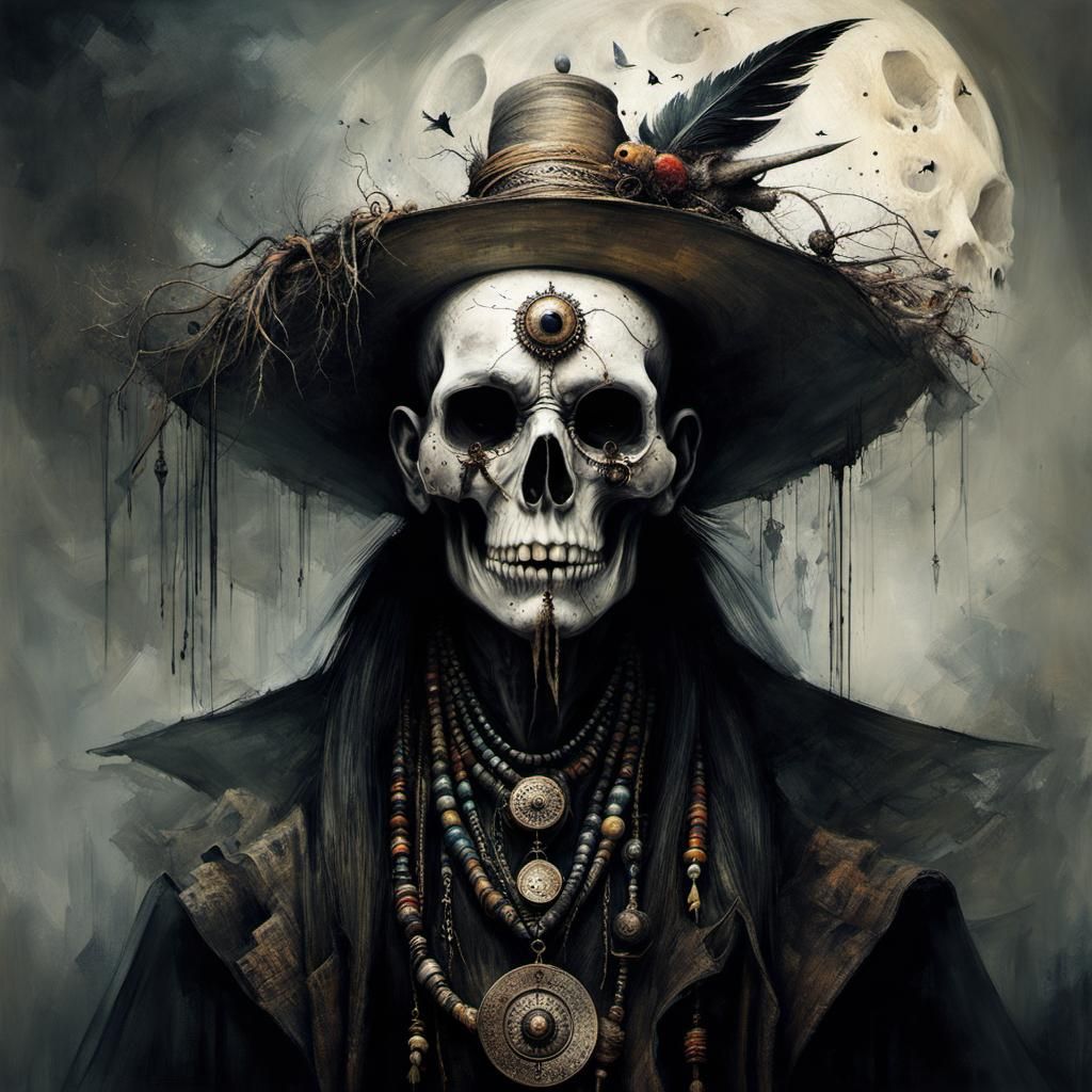 Demonic Cyborg Witch Doctor Portrait in Volcanic Hyperspace