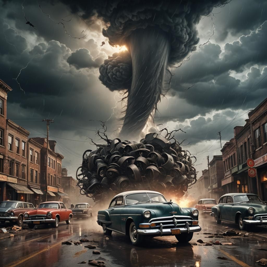 Classic Car Tornado in Detailed Matte Painting Style