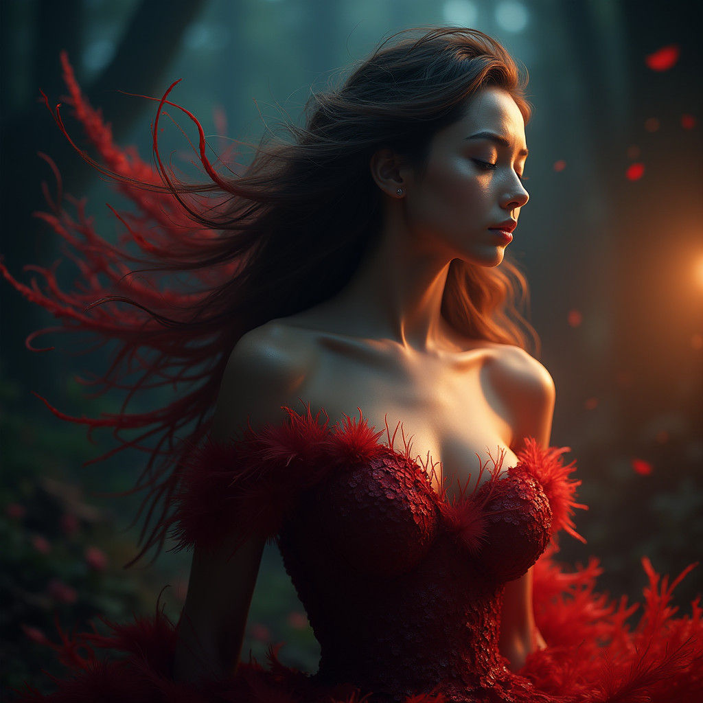 Dramatic Portrait of Woman in Feathered Dress