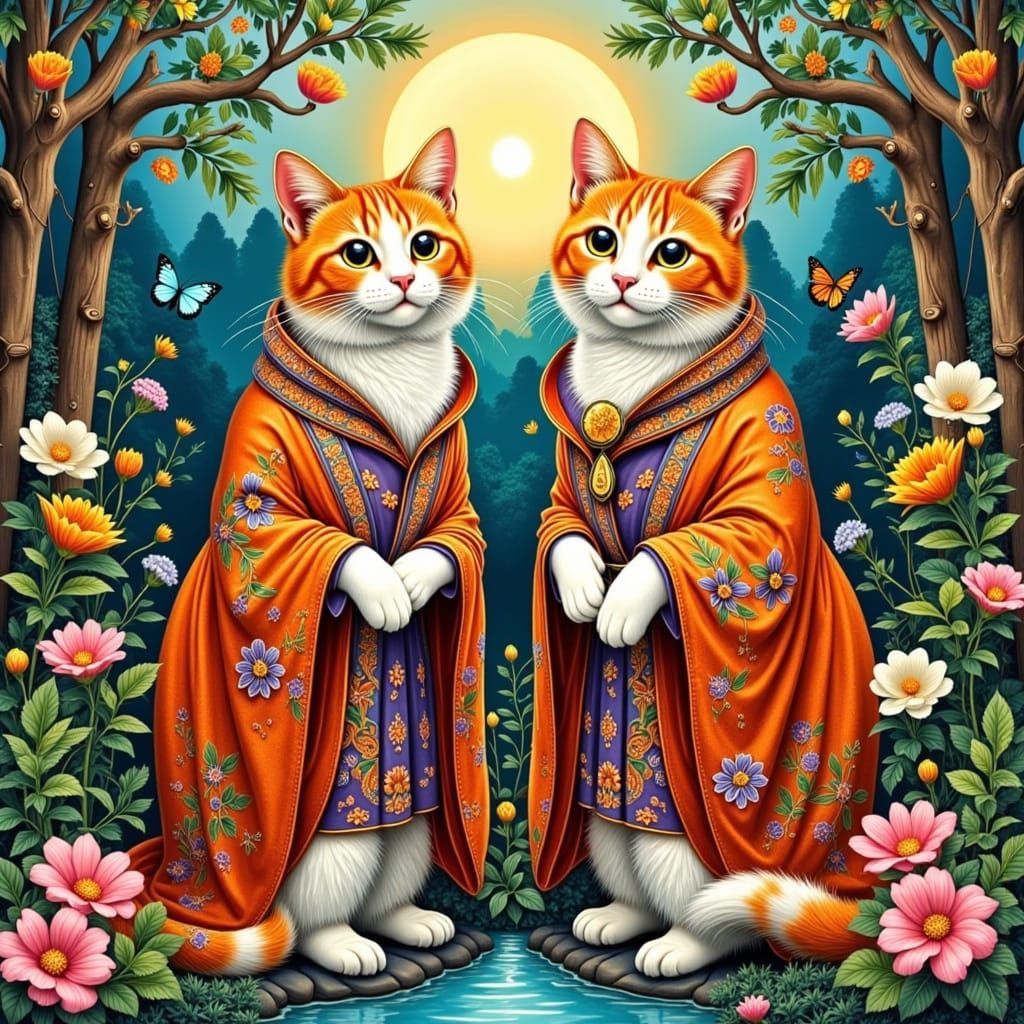 Calico Cat Guardians in Symmetrical Landscape