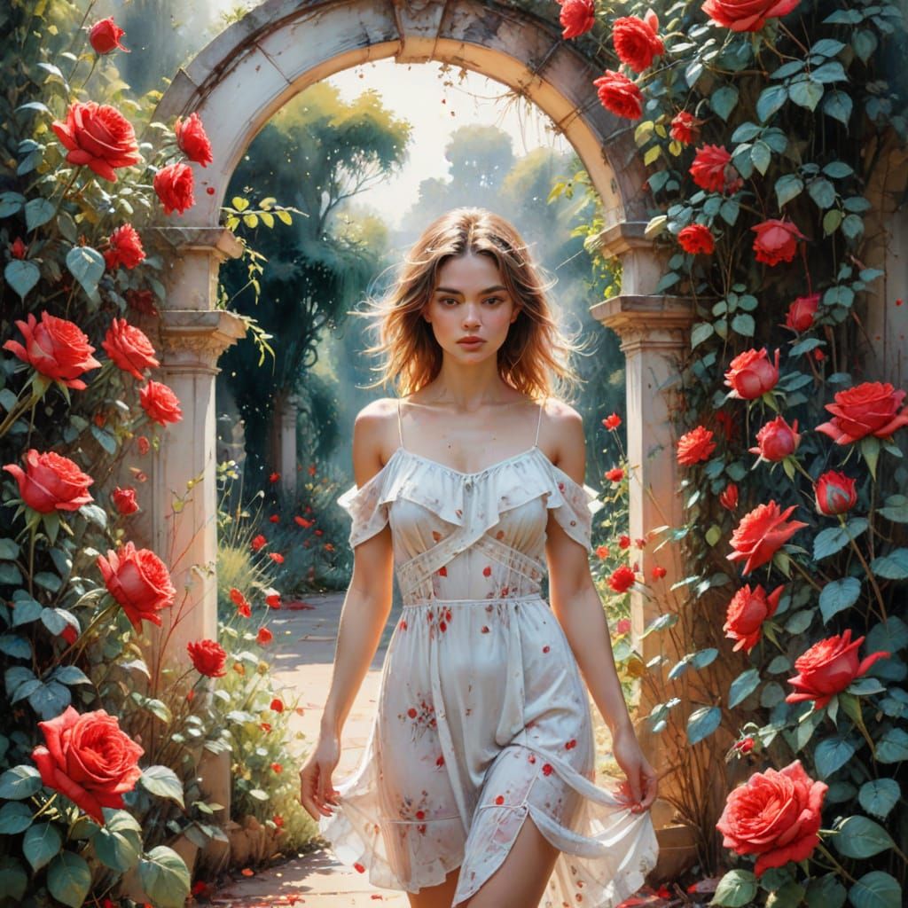 Young Woman Amongst Roses in Garden, Watercolour Style