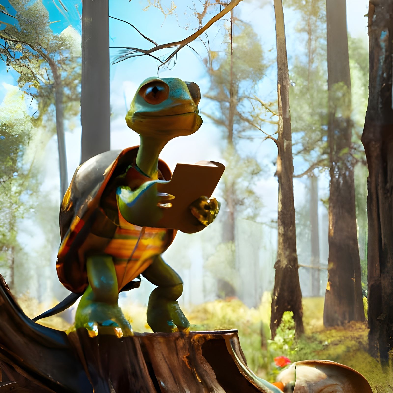 Turtle Reads Book in Forest Sunlight