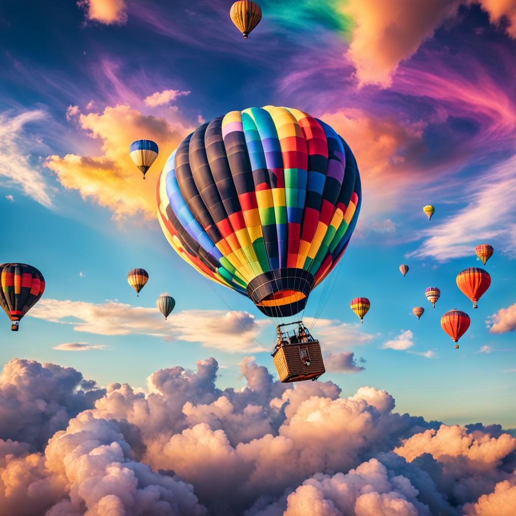 Upside Down Multicolored Hot Air Balloon in Rainbow Sky