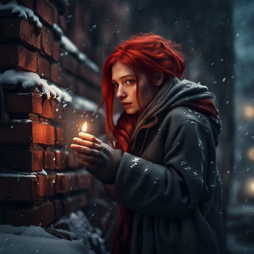 Winter Girl with Match in Detailed Matte Painting