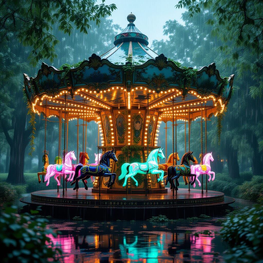 Ivy-Covered Carousel With Holographic Animals in Overgrown P...