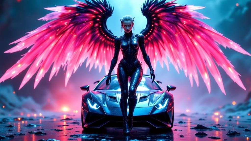 Angry Star Angel in High-Tech Armor on Lamborghini