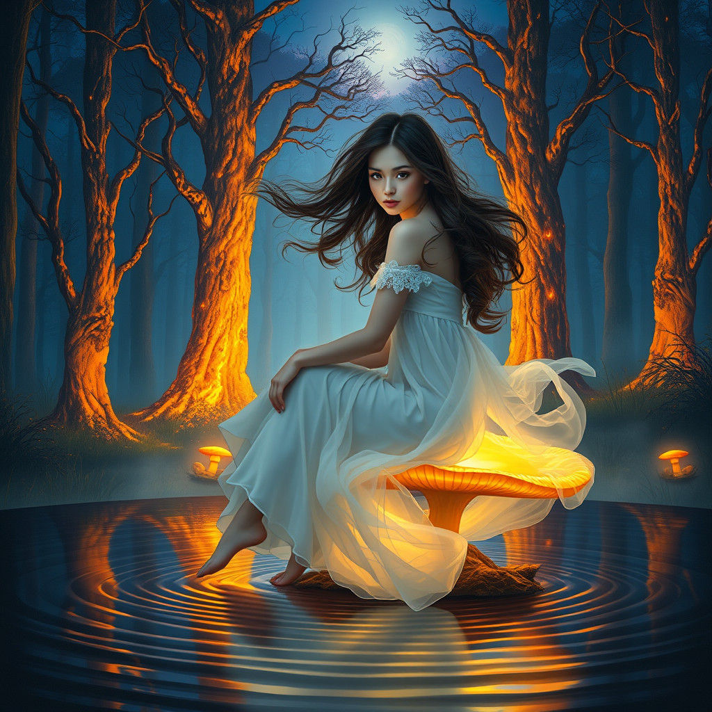 Ethereal Woman in Mystical Forest Fire as Digital Painting