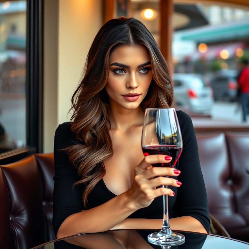 Elegant Supermodel Sips Red Wine in Cafe
