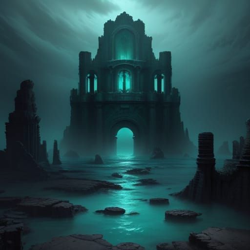 Colossal Gateway in Bioluminescent Ocean Trench