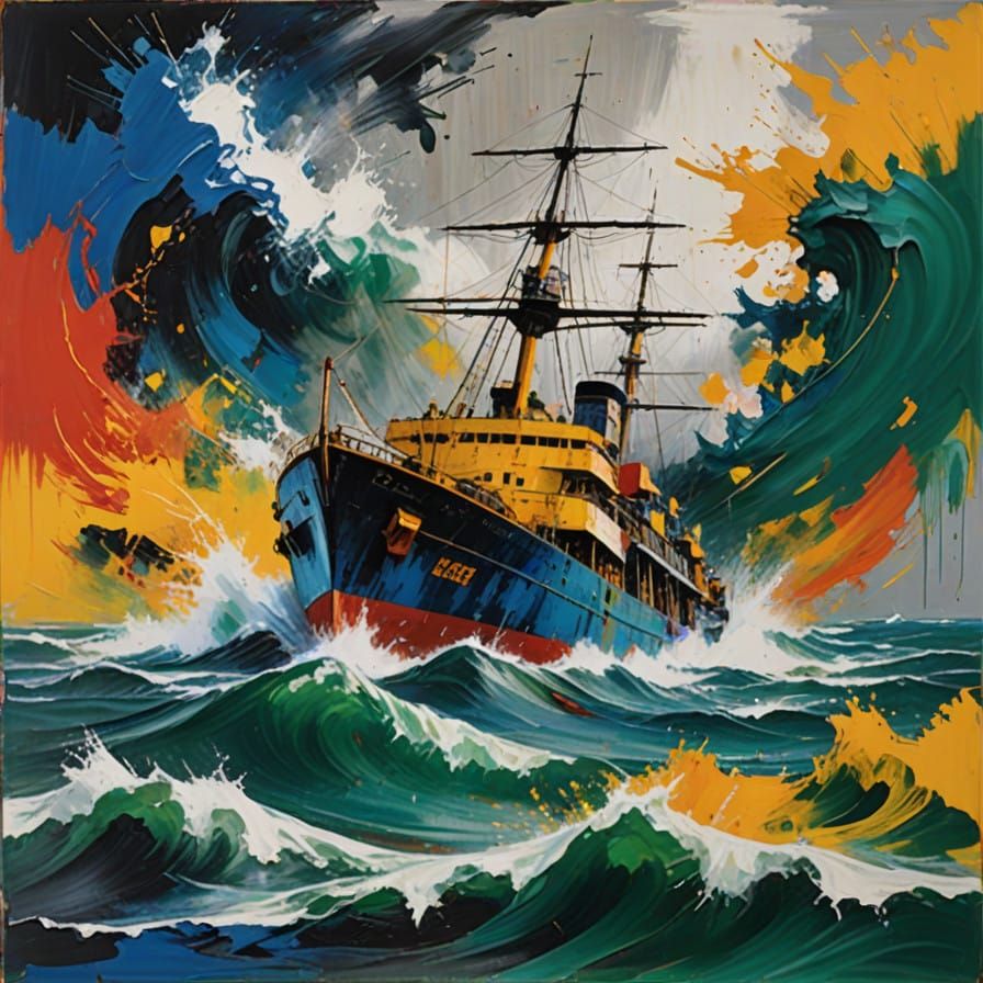 a ship floundering in a storm