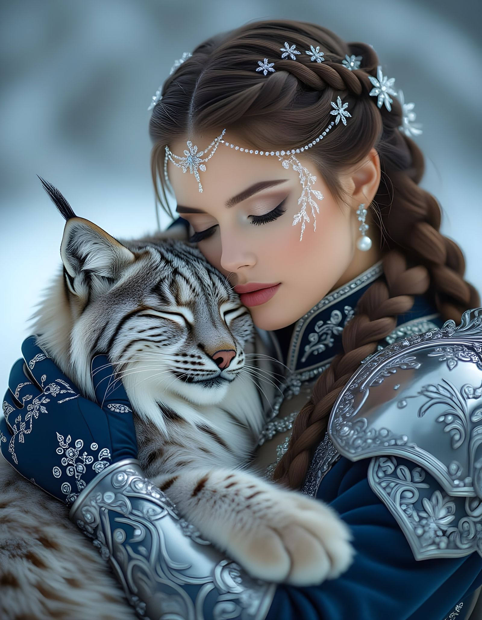 Regal Warrior Woman with Lynx in Frosty Armor