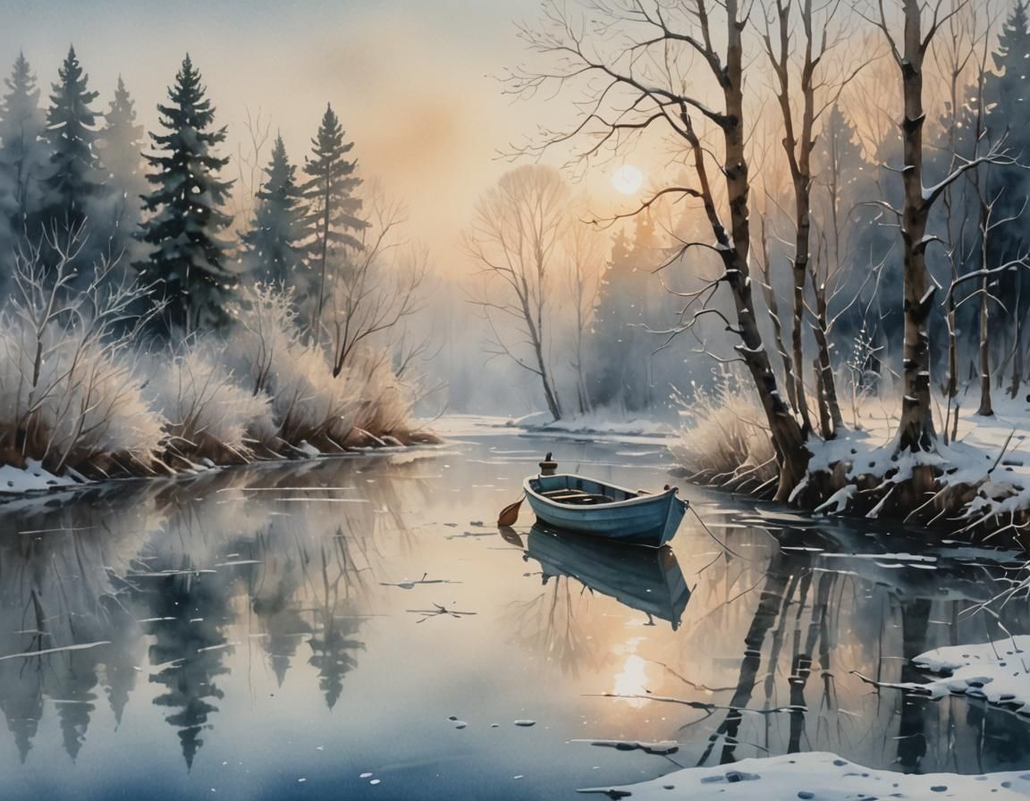 Ethereal Winter Landscape with Boat in Watercolor Style