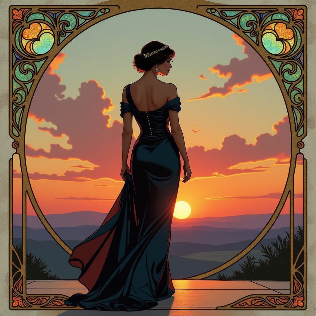 Elegant Woman at Sunset in Art Nouveau Style