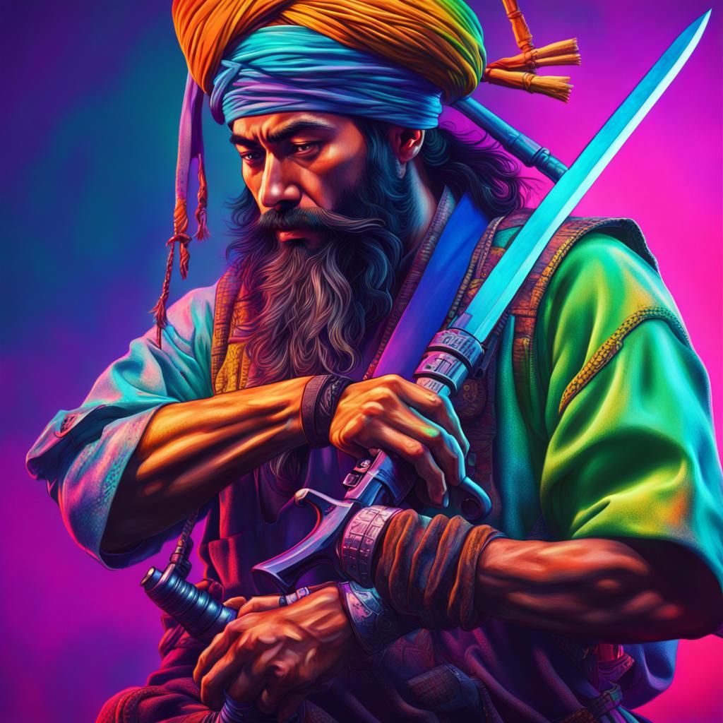 Samurai vs. Sikh Warrior in Neon Realism Style