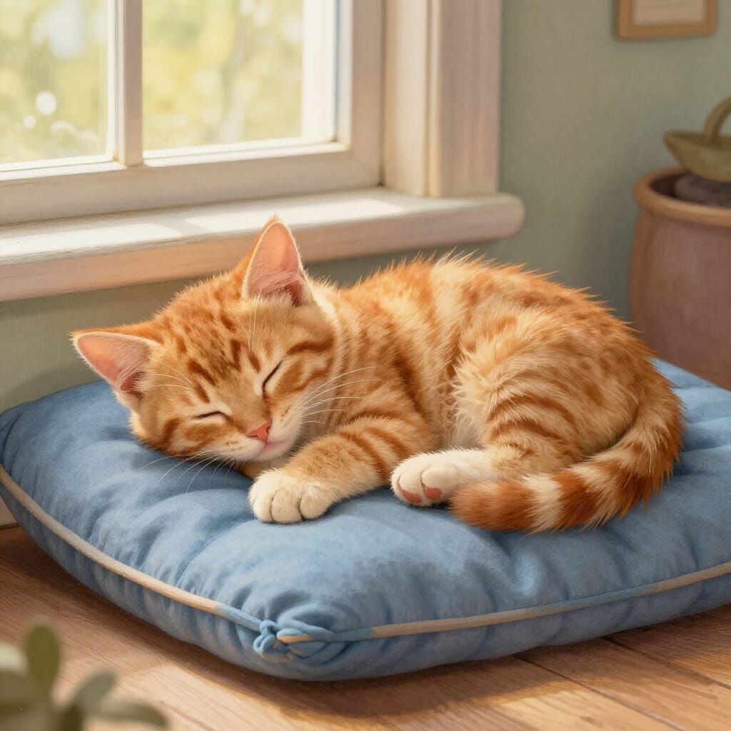 Fluffy Ginger Kitten Sleeps Peacefully on Blue Cushion