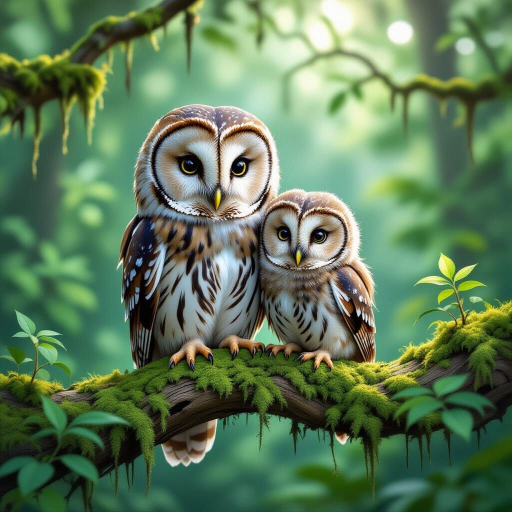Hyper-Realistic Comic Style Owls in Woodland Scene