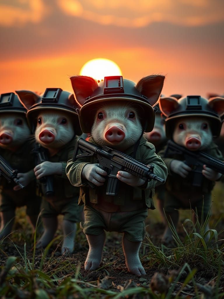 Anthropomorphic Soldier Piglets at Sunset