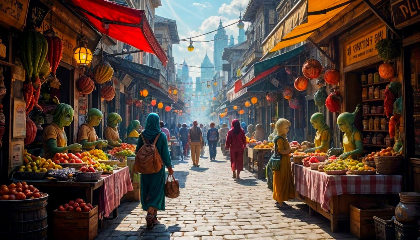 Vibrant Alien Market with Glowing Produce