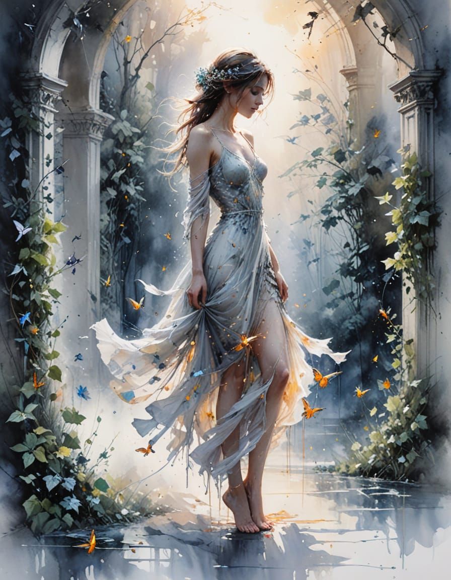 Ancient Twilight Garden: A Watercolour Painting