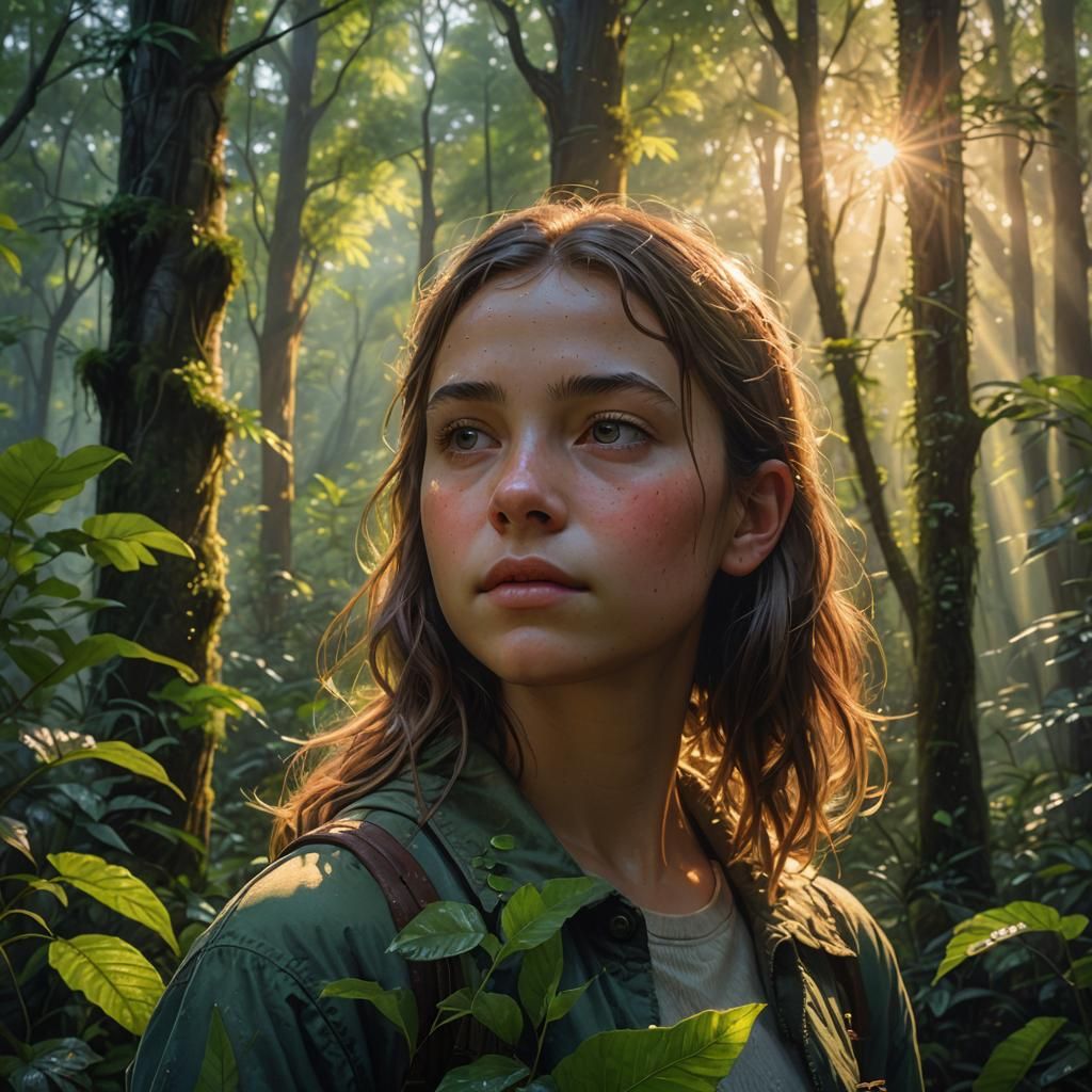 A young girl in a lush forest at sunrise